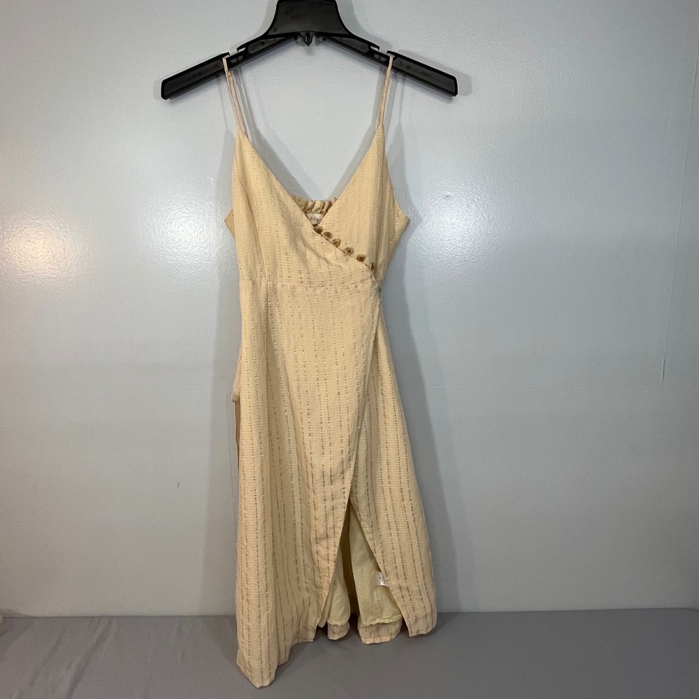 Altar'd State Cream Gold Metallic Stripe Wrap Midi Dress Small Smocked Back